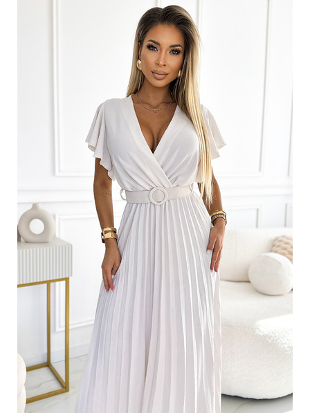 numoco 585-1 Plissiertes Sommer-Midi-Kleid mit Ausschnitt und breitem Gürtel - ecru