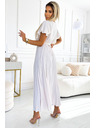 numoco 585-1 Plissiertes Sommer-Midi-Kleid mit Ausschnitt und breitem Gürtel - ecru