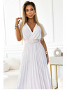 numoco 585-1 Plissiertes Sommer-Midi-Kleid mit Ausschnitt und breitem Gürtel - ecru