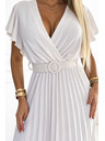 numoco 585-1 Plissiertes Sommer-Midi-Kleid mit Ausschnitt und breitem Gürtel - ecru