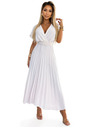 numoco 585-1 Plissiertes Sommer-Midi-Kleid mit Ausschnitt und breitem Gürtel - ecru