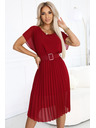 numoco 465-5 MIA Plissiertes Chiffon-Midi-Kleid mit breitem Gürtel - weinrot