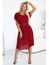 numoco 465-5 MIA Plissiertes Chiffon-Midi-Kleid mit breitem Gürtel - weinrot