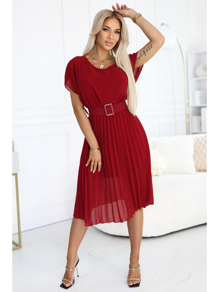 numoco 465-5 MIA Plissiertes Chiffon-Midi-Kleid mit breitem Gürtel - weinrot
