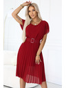 numoco 465-5 MIA Plissiertes Chiffon-Midi-Kleid mit breitem Gürtel - weinrot