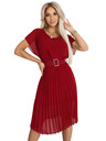 numoco 465-5 MIA Plissiertes Chiffon-Midi-Kleid mit breitem Gürtel - weinrot