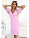 numoco 479-10 NINA Elegantes Kleid mit V-Ausschnitt, Ärmeln und Gürtel - zuckrosa