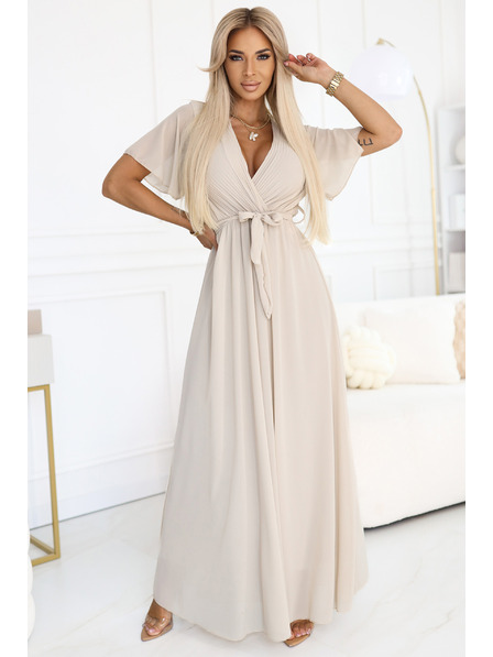 numoco 545-3 Langes Kleid mit plissiertem Ausschnitt und Bindung - beige