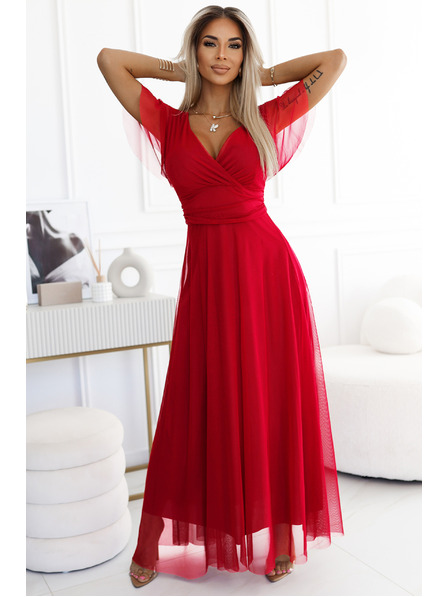 numoco 562-7 NASTIA Langes Kleid mit Ausschnitt und kurzen Ärmeln - rot