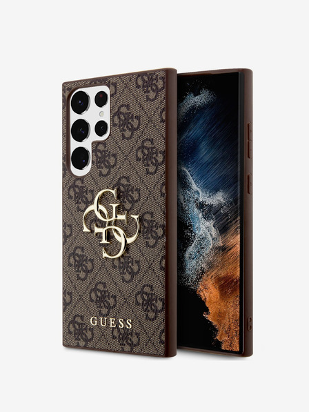 Guess PU 4G Metall-Logo Rückseite für Samsung Galaxy S24 Ultra Braun Handyhülle