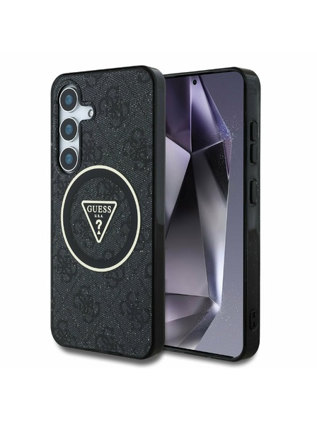 Guess IML 4G Glitzer und Dreiecks-Logo MagSafe Rückseite für Samsung Galaxy S25 Schwarz Handyhülle