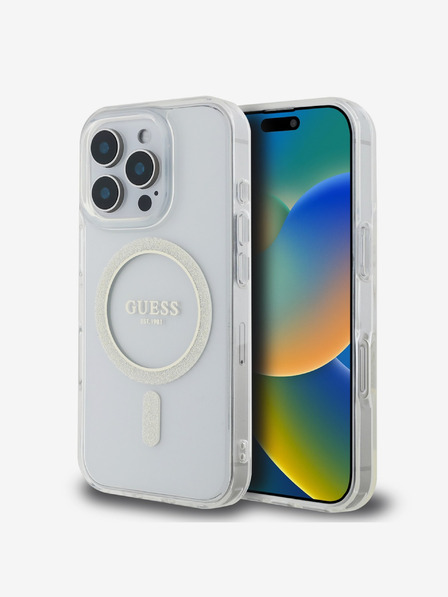Guess IML Glitzer Ring MagSafe Rückseite für iPhone 16 Pro Max Transparent Handyhülle