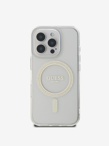 Guess IML Glitzer Ring MagSafe Rückseite für iPhone 16 Pro Max Transparent Handyhülle