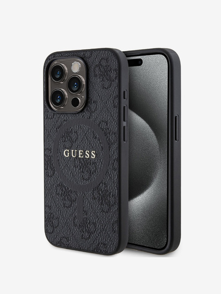 Guess PU Leder 4G Farbiger Ring MagSafe Rückseite für iPhone 15 Pro Schwarz Handyhülle
