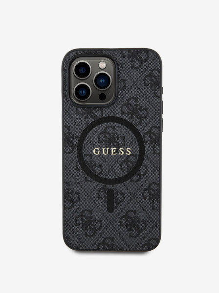 Guess PU Leder 4G Farbiger Ring MagSafe Rückseite für iPhone 15 Pro Schwarz Handyhülle