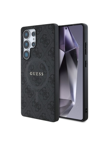 Guess PU Leder 4G Farbiger Ring MagSafe Rückseite für Samsung Galaxy S25 Ultra Schwarz Handyhülle