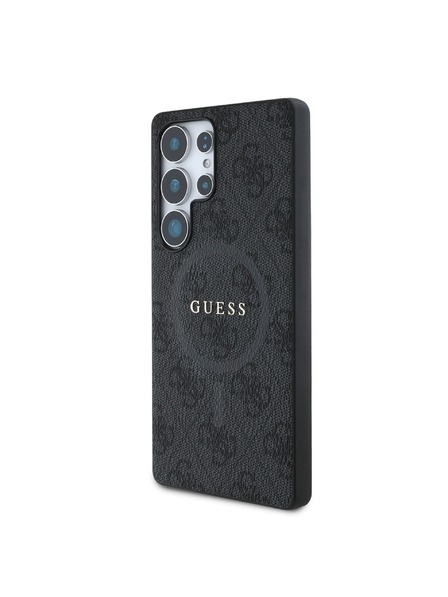 Guess PU Leder 4G Farbiger Ring MagSafe Rückseite für Samsung Galaxy S25 Ultra Schwarz Handyhülle