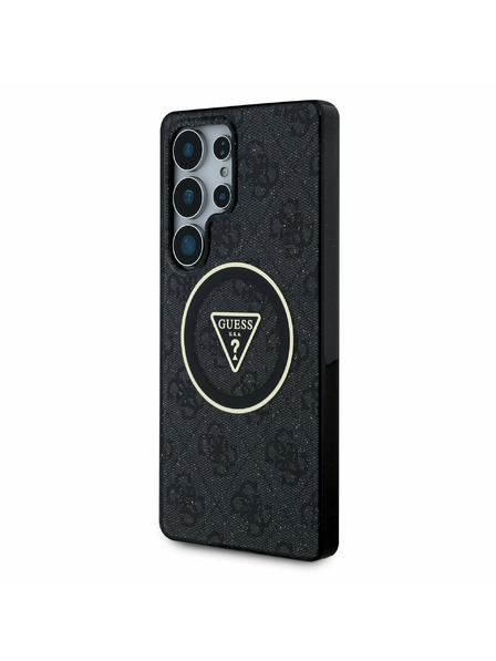 Guess IML 4G Glitzer und Dreiecks-Logo MagSafe Rückseite für Samsung Galaxy S25 Ultra Schwarz Handyhülle