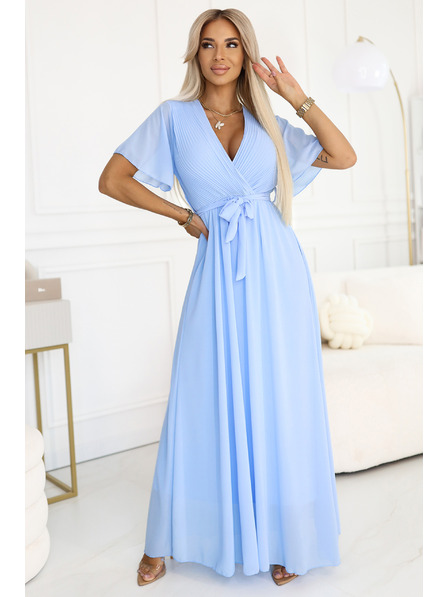 numoco 545-2 Langes Kleid mit plissiertem Ausschnitt und Bindung - hellblau