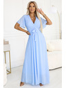 numoco 545-2 Langes Kleid mit plissiertem Ausschnitt und Bindung - hellblau