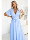 numoco 545-2 Langes Kleid mit plissiertem Ausschnitt und Bindung - hellblau