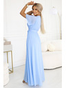 numoco 545-2 Langes Kleid mit plissiertem Ausschnitt und Bindung - hellblau