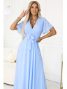numoco 545-2 Langes Kleid mit plissiertem Ausschnitt und Bindung - hellblau