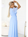 numoco 545-2 Langes Kleid mit plissiertem Ausschnitt und Bindung - hellblau