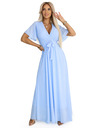 numoco 545-2 Langes Kleid mit plissiertem Ausschnitt und Bindung - hellblau