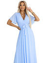 numoco 545-2 Langes Kleid mit plissiertem Ausschnitt und Bindung - hellblau
