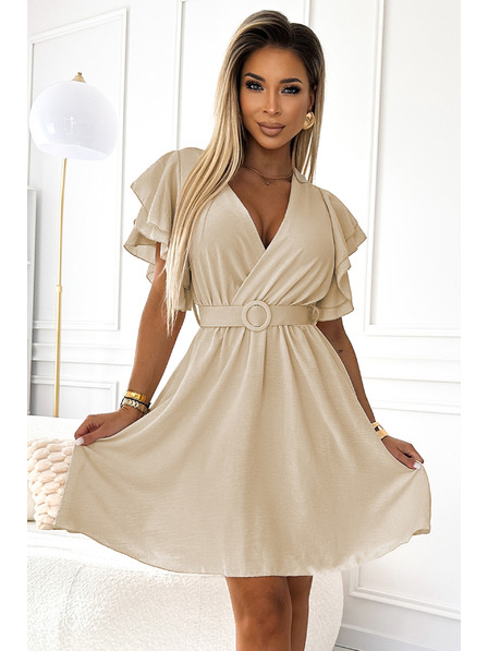 numoco Damen Kleid mit Umschlagkragen, Ärmeln und Gürtel - beige