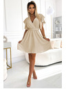 numoco Damen Kleid mit Umschlagkragen, Ärmeln und Gürtel - beige
