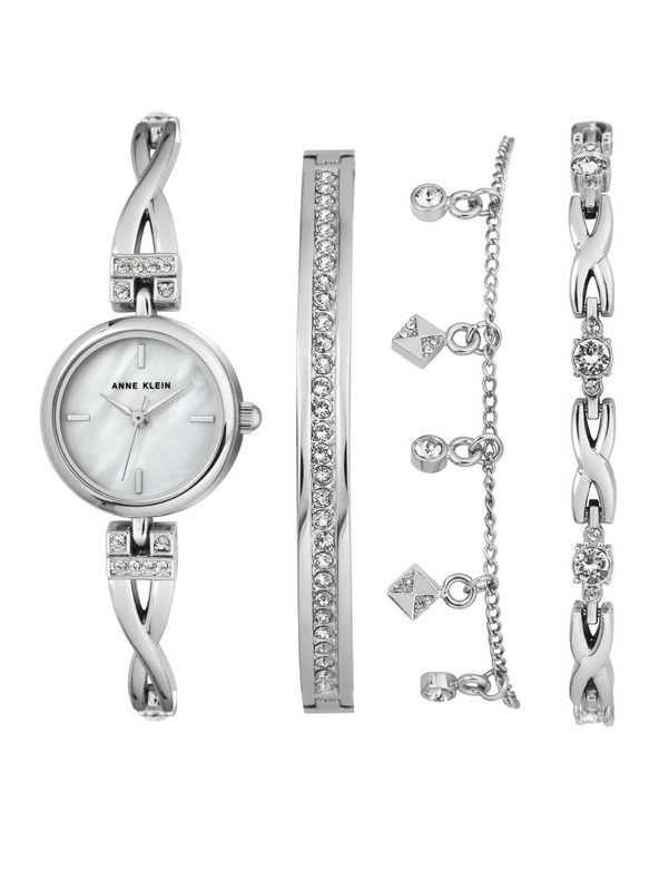 Anne Klein Silbernes Damen-Uhr- und Schmuck-Set Anne Klein