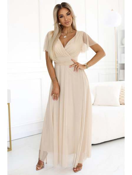 numoco 562-6 NASTIA Langes Kleid mit V-Ausschnitt und kurzen Ärmeln - beige