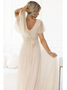 numoco 562-6 NASTIA Langes Kleid mit V-Ausschnitt und kurzen Ärmeln - beige