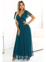 numoco 562-4 NASTIA Langes Kleid mit V-Ausschnitt und kurzen Ärmeln - grün