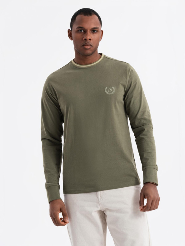 Ombre Clothing Herren-Langarm-T-Shirt aus Baumwolle, gestreiftem U-Ausschnitt und Stickerei Ombre Clothing