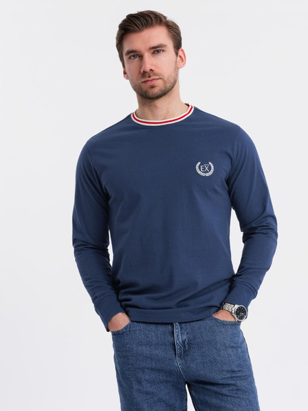 Ombre Clothing Herren-Langarm-T-Shirt aus Baumwolle, gestreiftem U-Ausschnitt und Stickerei Ombre Clothing