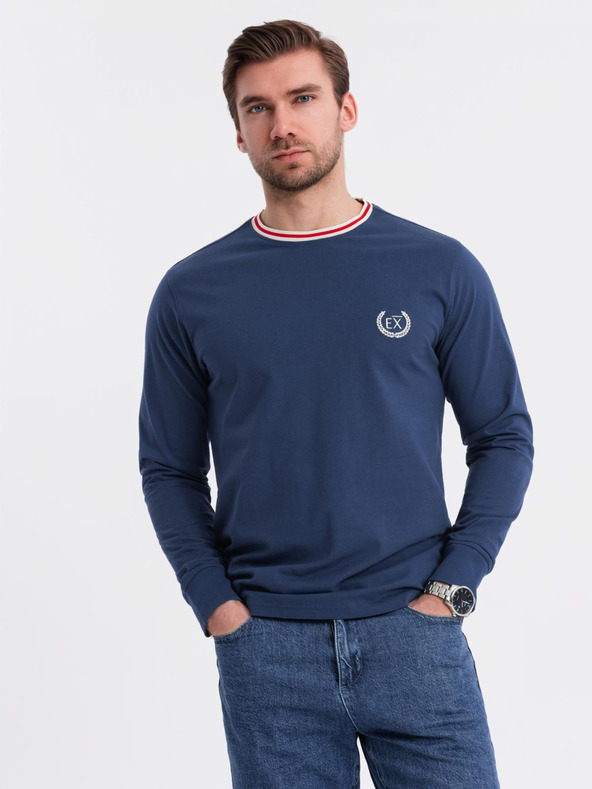 Ombre Clothing Herren-Langarm-T-Shirt aus Baumwolle, gestreiftem U-Ausschnitt und Stickerei Ombre Clothing