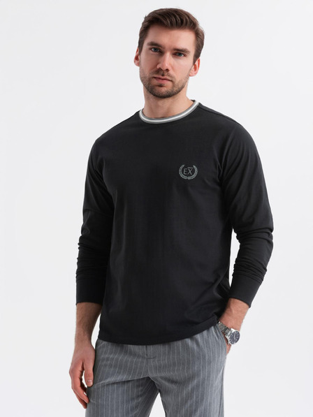 Ombre Clothing Herren-Langarm-T-Shirt aus Baumwolle, gestreiftem U-Ausschnitt und Stickerei Ombre Clothing