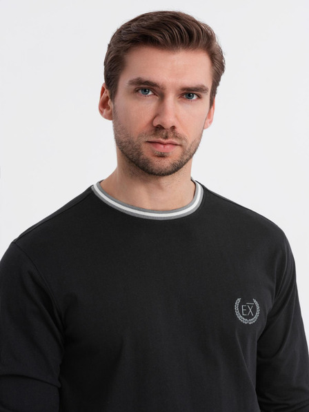Ombre Clothing Herren-Langarm-T-Shirt aus Baumwolle, gestreiftem U-Ausschnitt und Stickerei Ombre Clothing