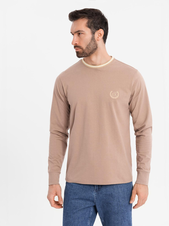 Ombre Clothing Herren-Langarm-T-Shirt aus Baumwolle, gestreiftem U-Ausschnitt und Stickerei Ombre Clothing