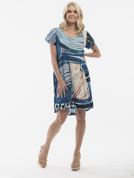 Orientique Blaues gemustertes Damenkleid mit Leinen Orientique