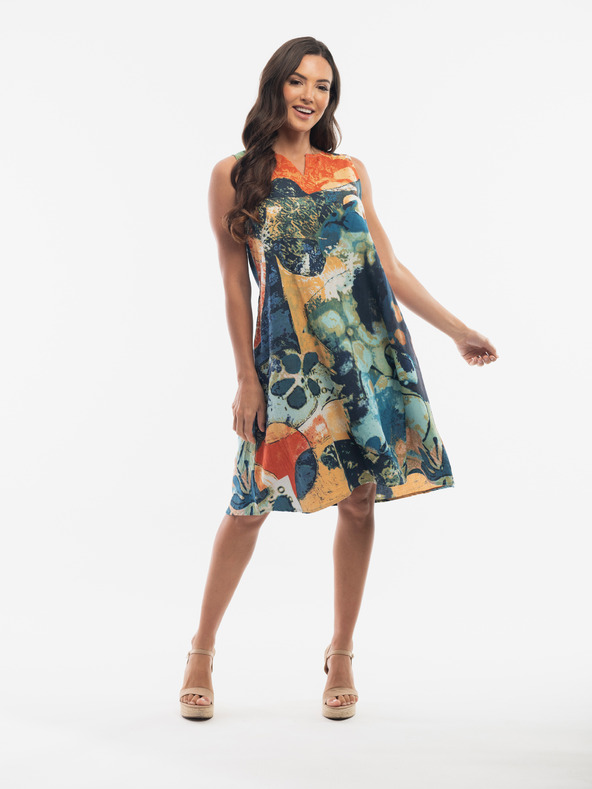 Orientique Orangefarbenes und dunkelblaues gemustertes Kleid von Orientique für Damen