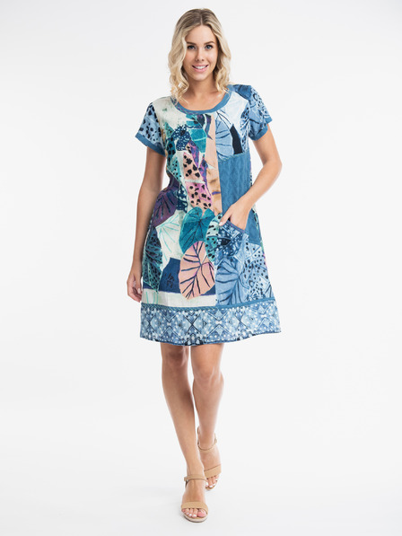 Orientique Blau Gemustertes Kleid mit Leinen Orientique Agios