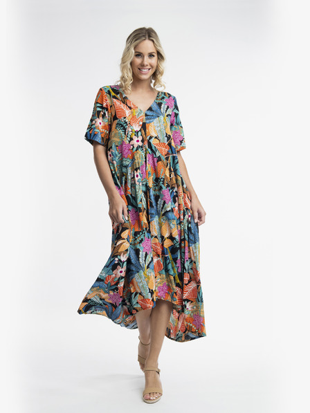 Orientique Orange-blaues gemustertes Maxikleid von Orientique Paphos für Damen