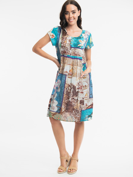 Orientique Orientique Leonardo braun und blau gemustertes Damenkleid mit Leinen