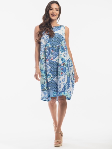 Orientique Hellblaues gemustertes Orientique Kleid für Damen aus Leinen