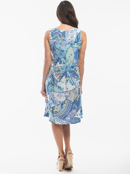 Orientique Hellblaues gemustertes Orientique Kleid für Damen aus Leinen