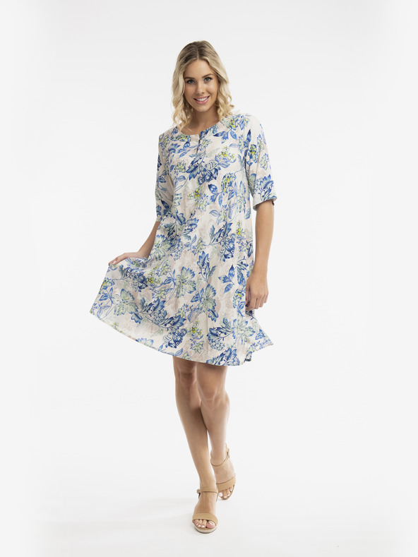 Orientique Weiß-blaues Orientique Rhodes gemustertes Kleid für Damen